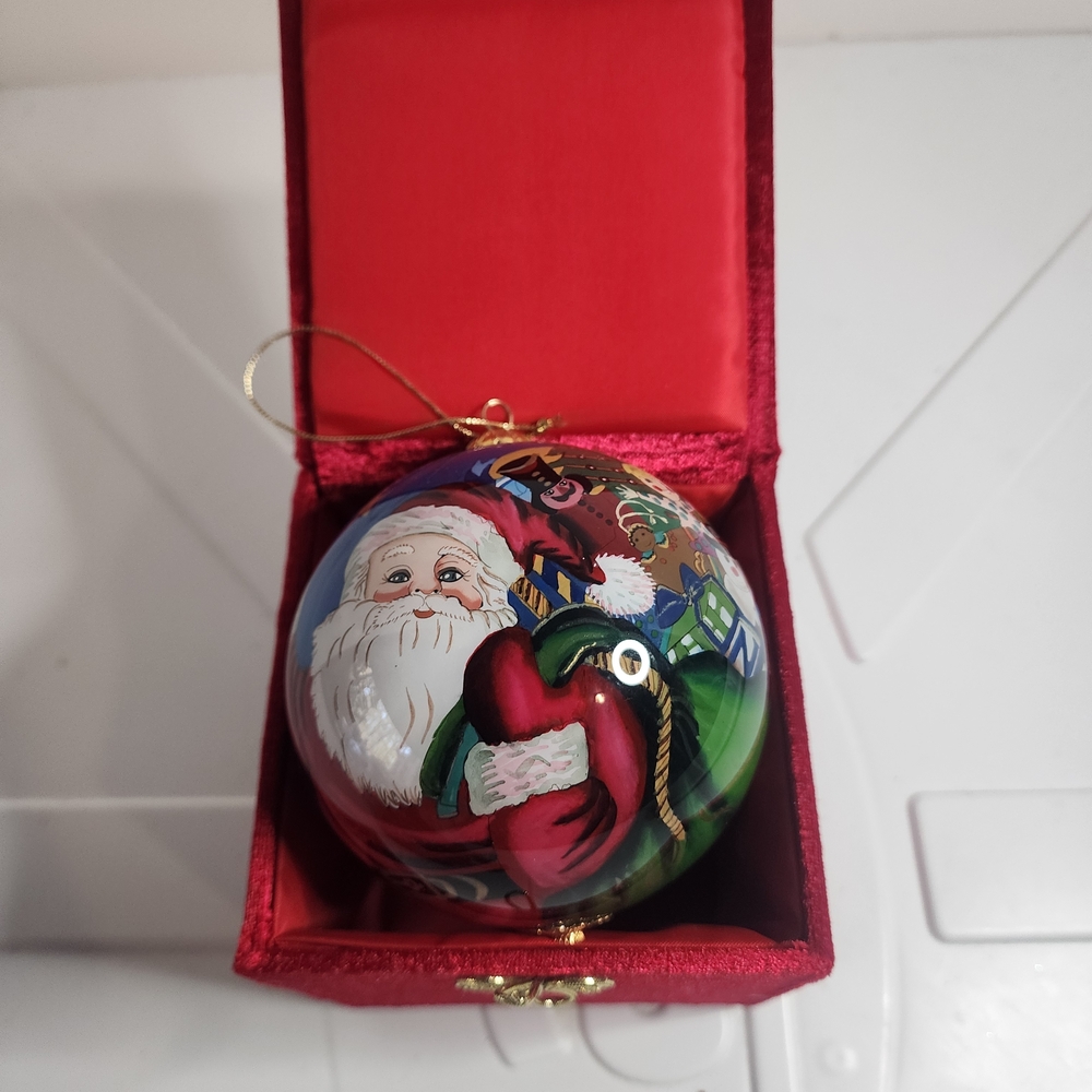 2003 Li Bien Santa's Toys Hand Painted Glass Christmas Ornament & Box Pier 1
